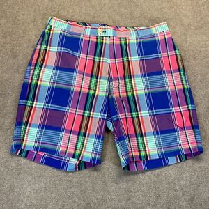 Peter Millar Shorts Men's 36 Blue Pink Tartan Plaid 100% Cotton Golf Prep 9"